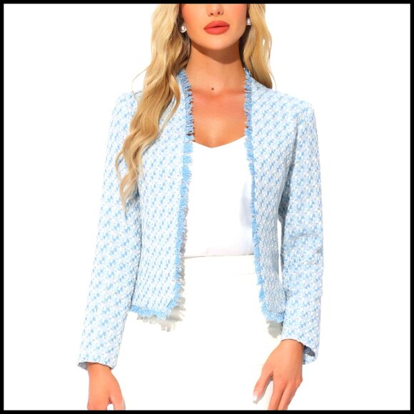 Plaid Tweed Blazer Long Sleeve Open Front Work Office Jacket